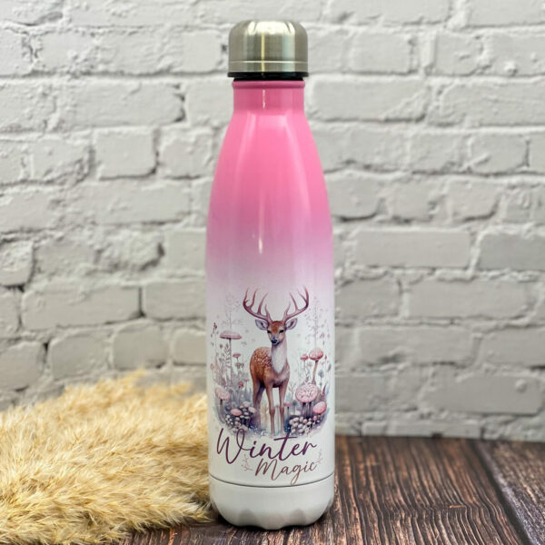 Thermosflasche Edelstahl mir rosa Farbverlauf bedruckt mit Hirsch und Winter Magic