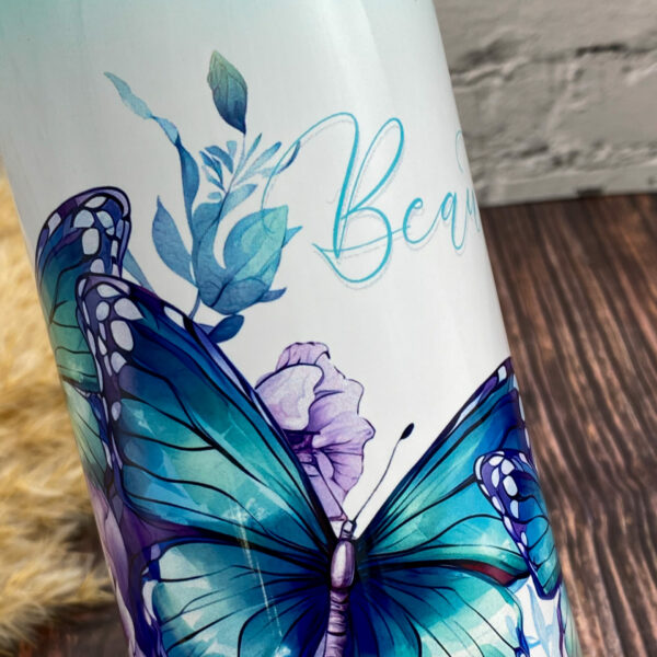 Trinkflasche Edelstahl mir türkis Farbverlauf mit Blumen und Schmetterlingen bedruckt - Nahaufname