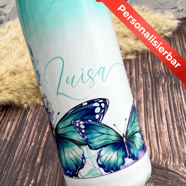 Trinkflasche aus Edelstahl mit türkis Farbverlauf und farblich passenden Schmetterlingen mit Name - personalisierbar