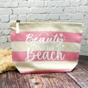 Kosmetiktasche aus Baumwolle mit Aufdruck "Beauty at the Beach rosa-beige gestreift