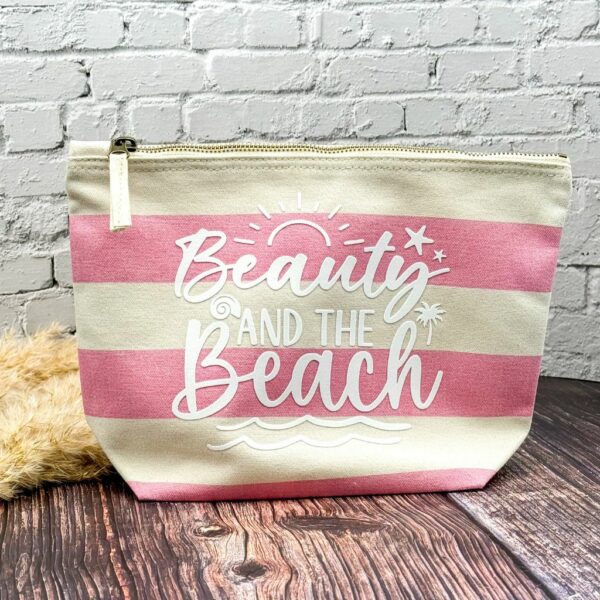 Kosmetiktasche aus Baumwolle mit Aufdruck "Beauty at the Beach" im nautischen Stil rosa-beige gestreift