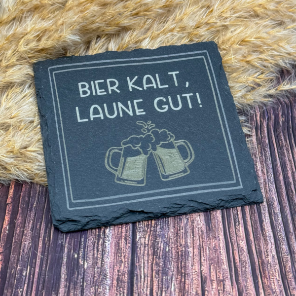 Schieferuntersetzer "Bier kalt, Laune gut!"