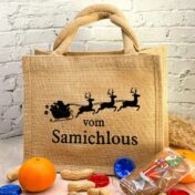 Jutetasche mit schwarzem Aufdruck "vom Samichlous" sowie einem Nikolausschlitten