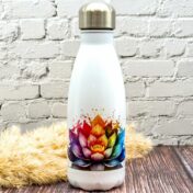 Trinkflasche weiss aus Edelstahl mit buntem Lotus-Motiv im Aquarel-Stil, auslaufsicher, 300 ml