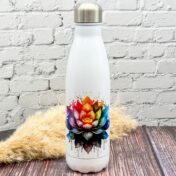 Weisse Trinkflasche aus Edelstahl mit buntem Lotus-Motiv im Watercolor-Stil, 500 ml, auslaufsicher