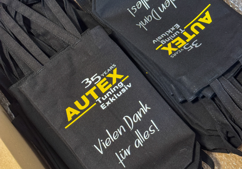 Ausschnitt Flaschentaschen als Werbegeschenk mit Aufdruck 35Jahre-Logo AUTEX