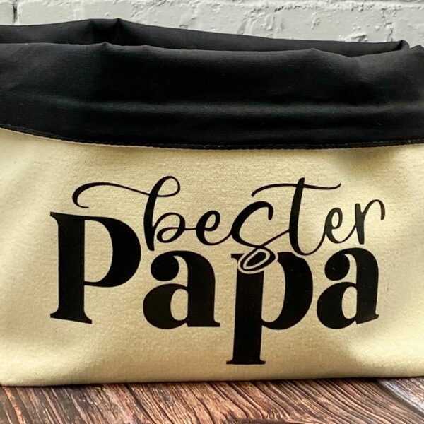 Detailansicht des Baumwollkörbchens mit Spruch „Bester Papa“ in Beige und Schwarz – Geschenk für Männer, dekorativ und vielseitig einsetzbar