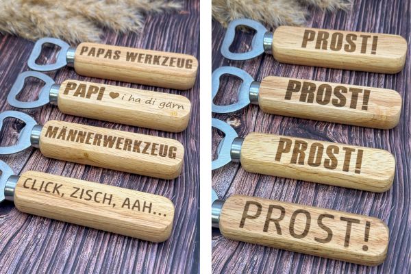 Flaschenöffner mit Holzgriff, beidseitig mit Männer-Papa-Sprüchen graviert