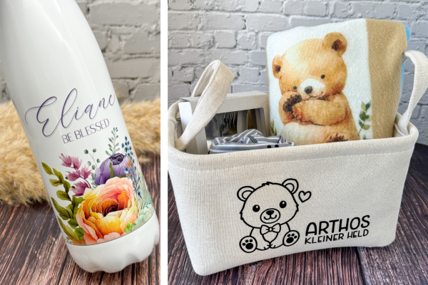 Personalisierte Flasche mit Blumen und Babykörbchen mit individuellen Geschenken