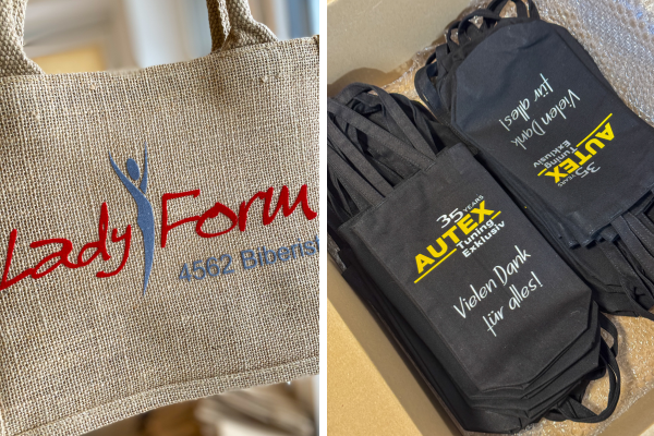 Jutetasche mit dem Logo "Ladyform" und schwarze Flaschentaschen zum Jubiläum von "Autex"